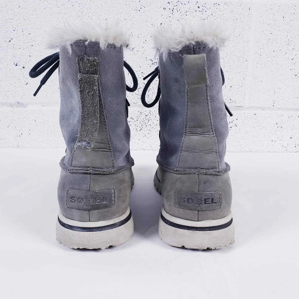 Sorel‎ Tivoli III Waterproof Boots Grey Suede Faux Fur Trim Lace Up Womens 7